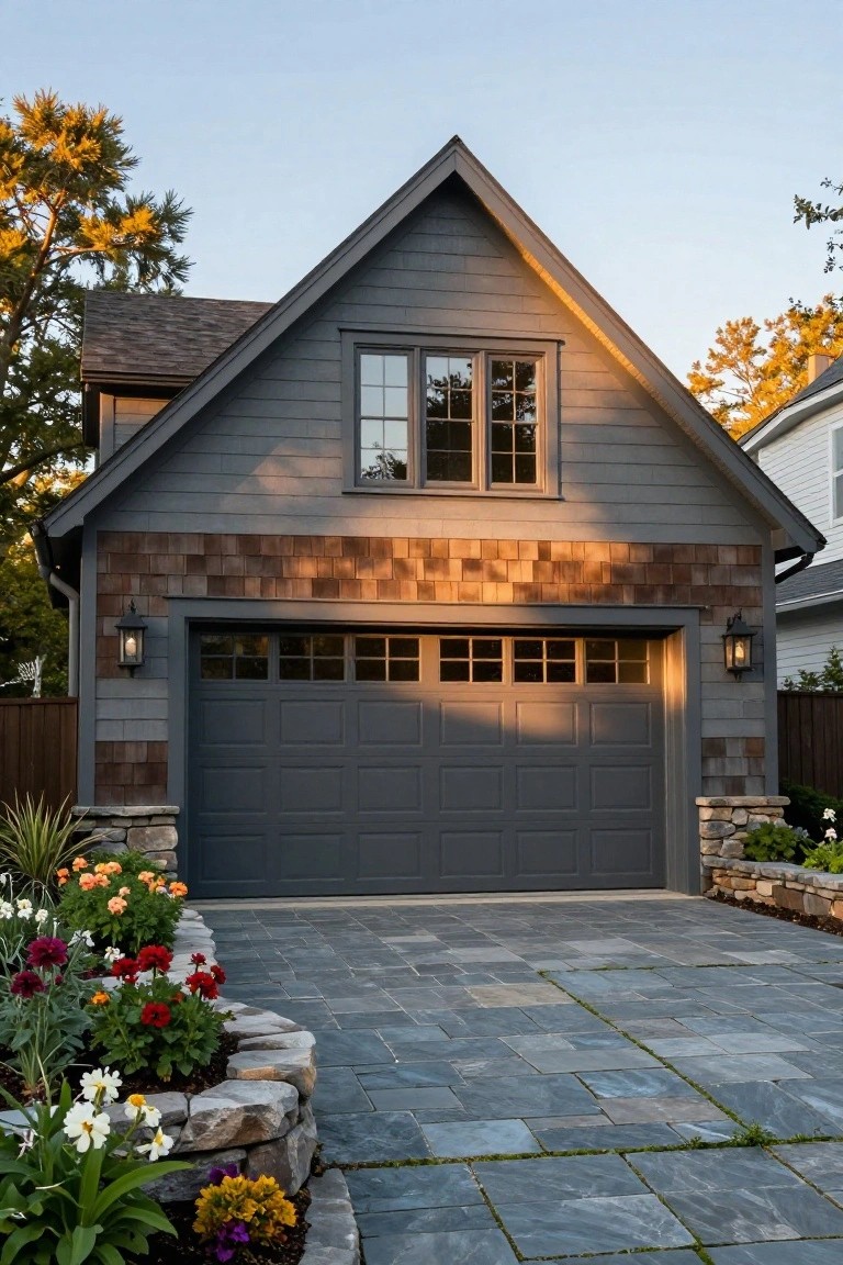 Gray clapboard house with dark gray paneled garage door, cedar shake gable above, wall lanterns on sides, paver driveway, and flower beds edged in stone.