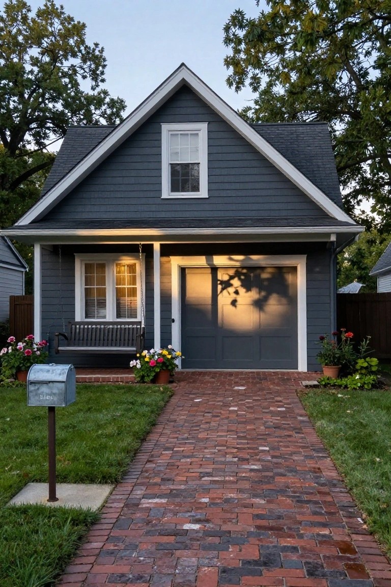 Gray clapboard house with matching dark gray garage door, white trim, lit porch area, brick pathway, flower pots, porch swing, mailbox, and trees in the yard.