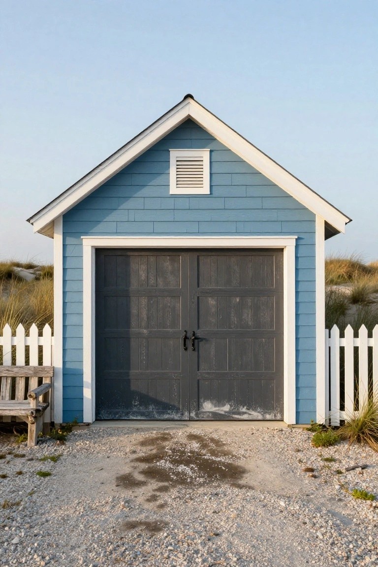 Dark Garage Door on Light Blue Siding