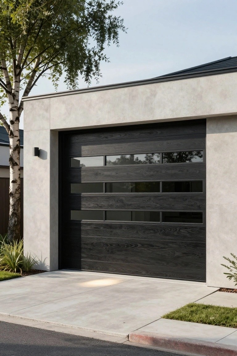 Modern home exterior with a large dark wood garage door featuring horizontal glass panels on light stucco walls, a birch tree nearby, pathway, and low landscaping.