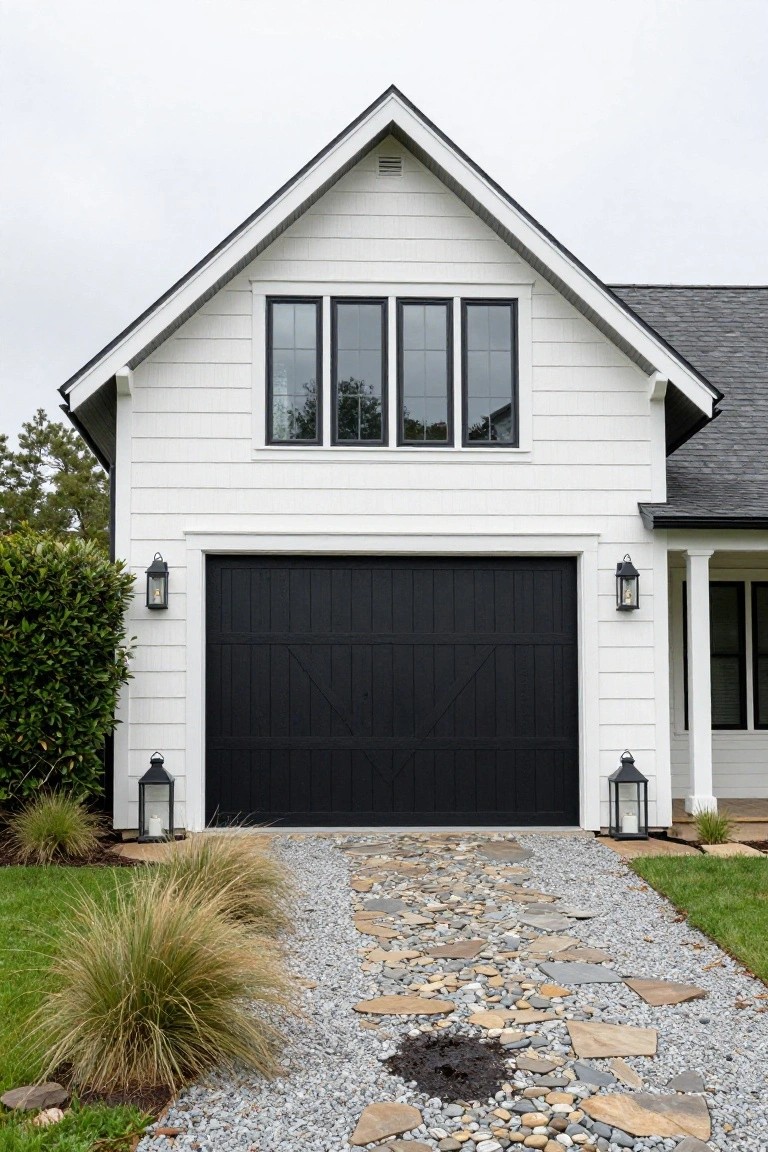 White board-and-batten gabled garage with black paneled garage door, large triple window above, lanterns flanking the door, stone pathway leading to it, and ornamental grasses nearby.
