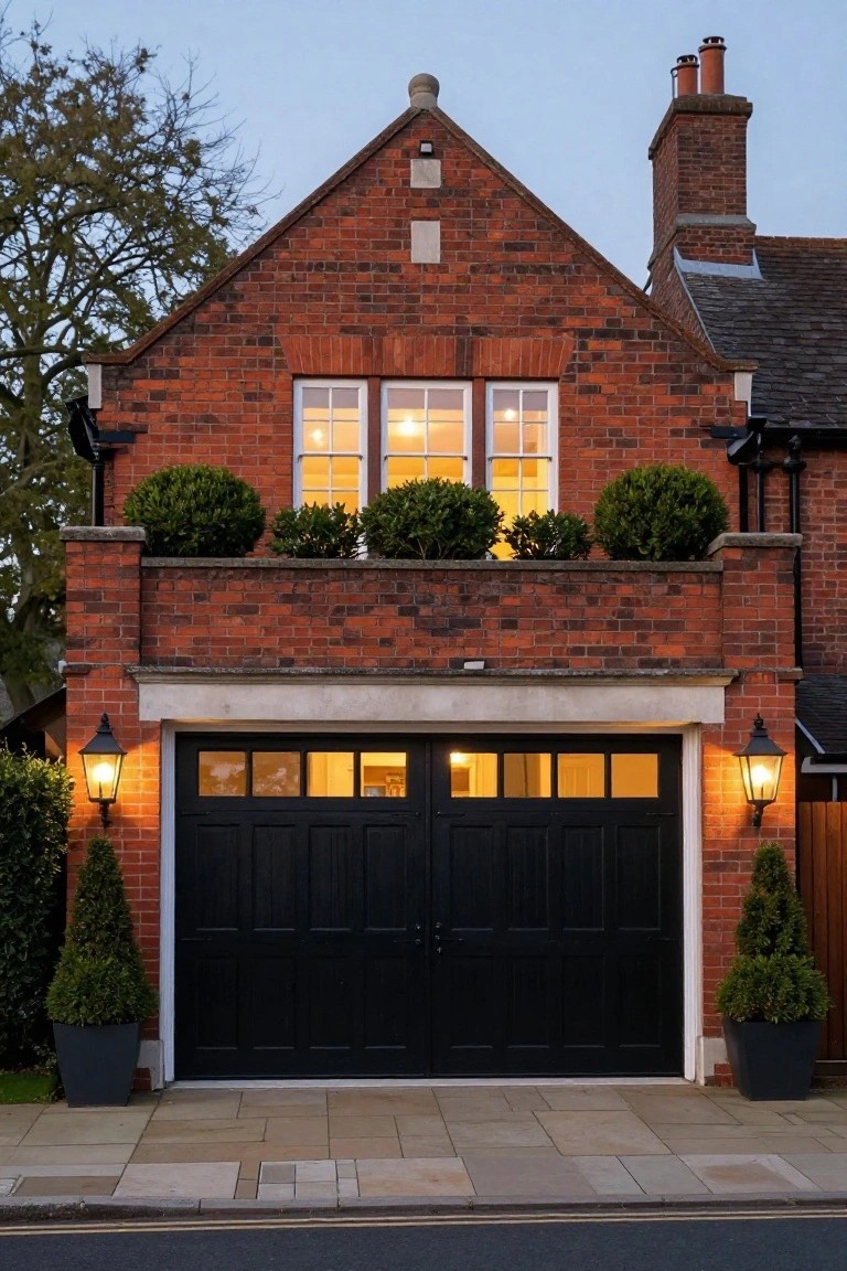 Red brick two-story house with gabled roof, large black double garage door centered below bay windows, flanked by lanterns and potted topiary shrubs at dusk.