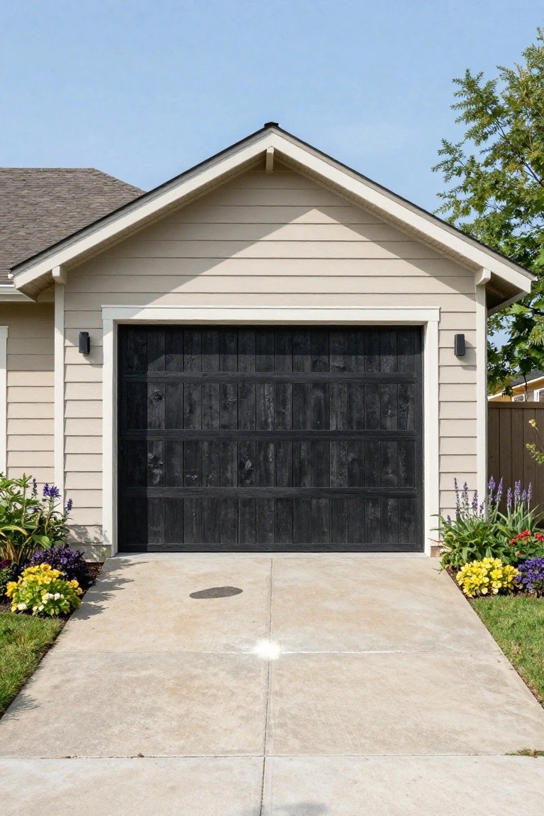 Beige house with gabled roof and black vertical-panel garage door, concrete driveway, flower beds on sides, and wall-mounted lights beside the door.