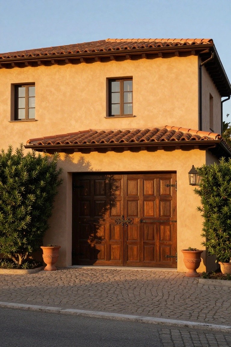 Beige stucco two-story house with terracotta tile roof and large dark wooden garage door flanked by bushes and terracotta pots next to a cobblestone driveway.