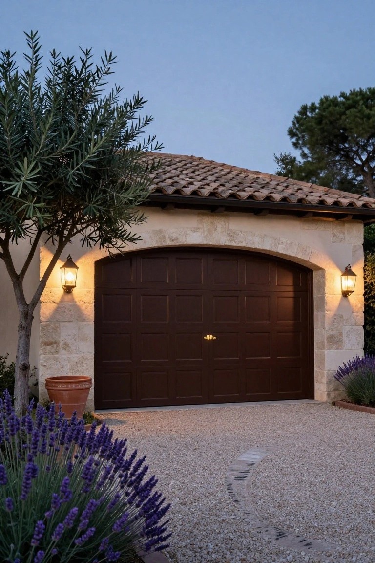 Dark Wood Garage Door on Stone Walls
