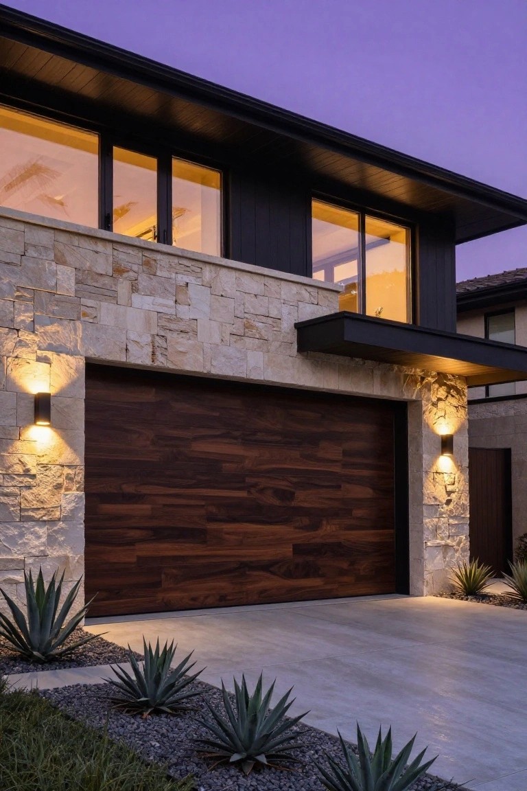 Contemporary house exterior with light stone lower facade, large dark wood garage door, black-framed upper windows, agave plants, wall-mounted lights, and concrete driveway at dusk.