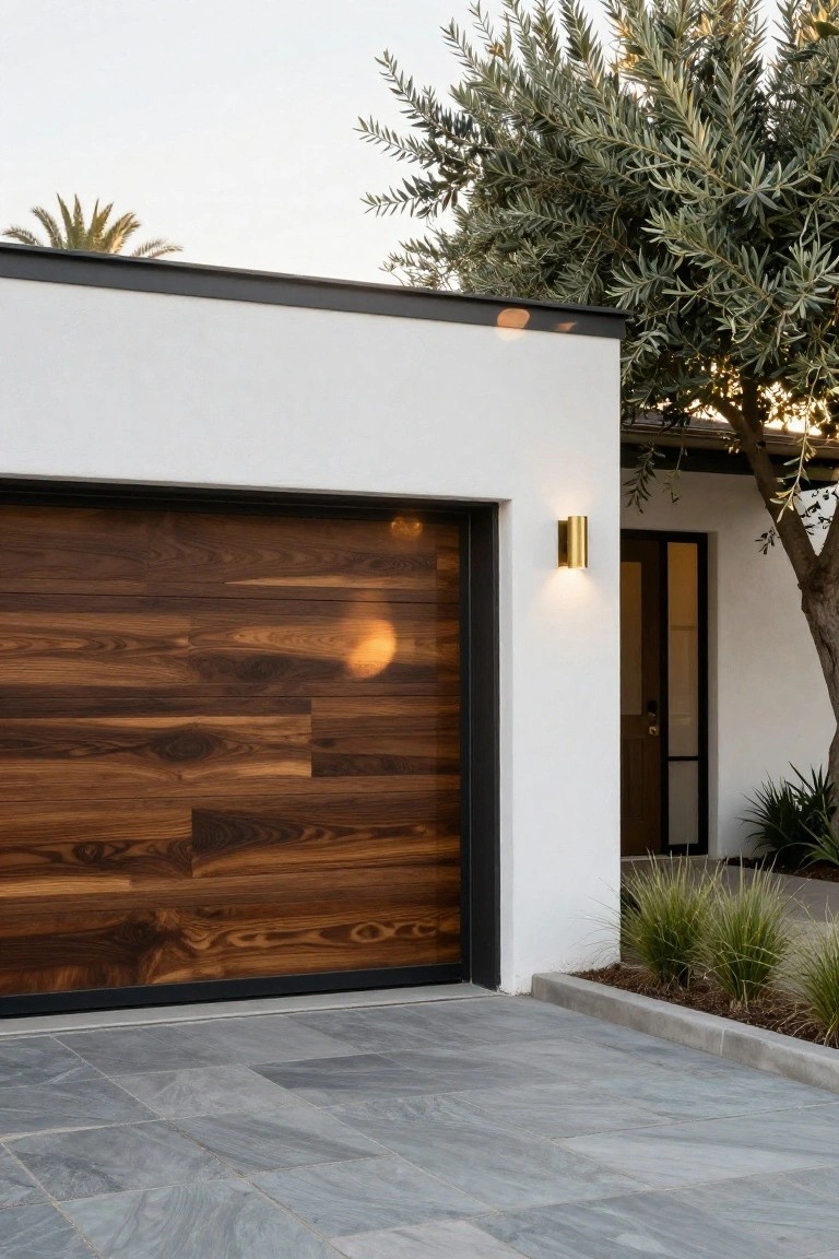 White stucco modern house exterior with large dark wood plank garage door, black-framed glass entry door, wall light, olive tree, potted grasses, and slate paver driveway.