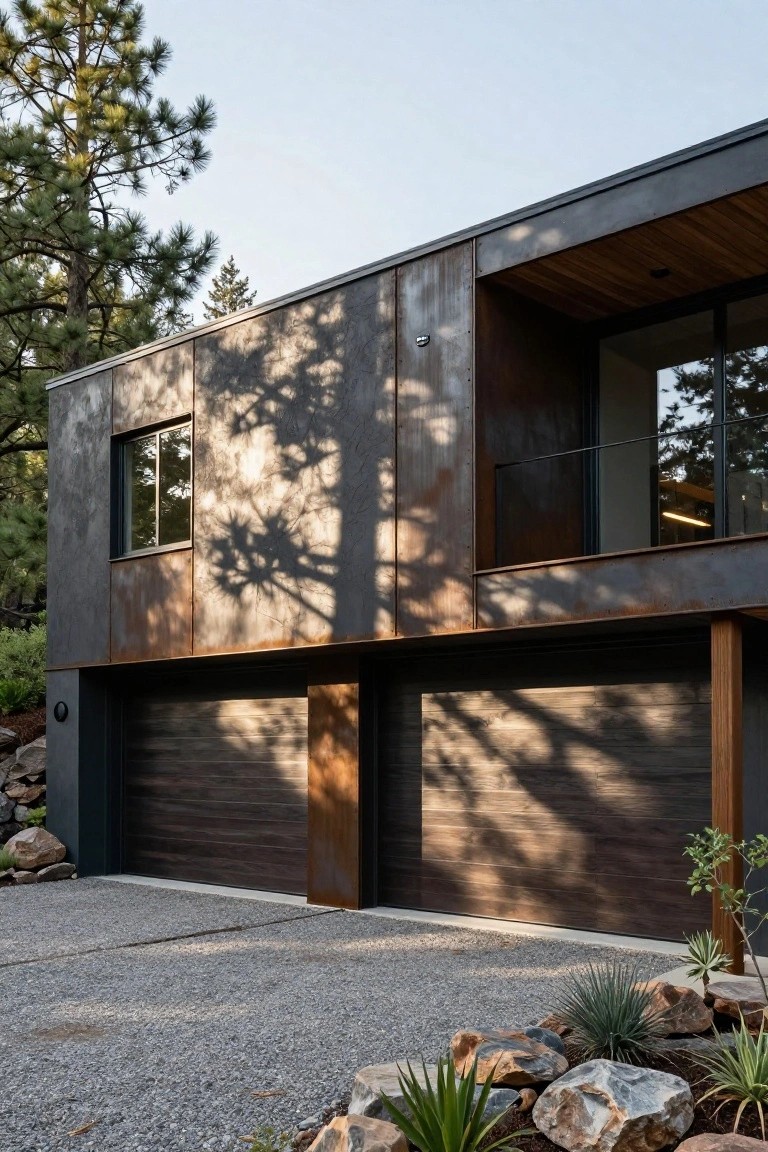 Contemporary house exterior with two tall dark wood garage doors, rusty metal siding panels, a second-floor balcony with glass railing, pine trees, rock plantings, and gravel driveway.