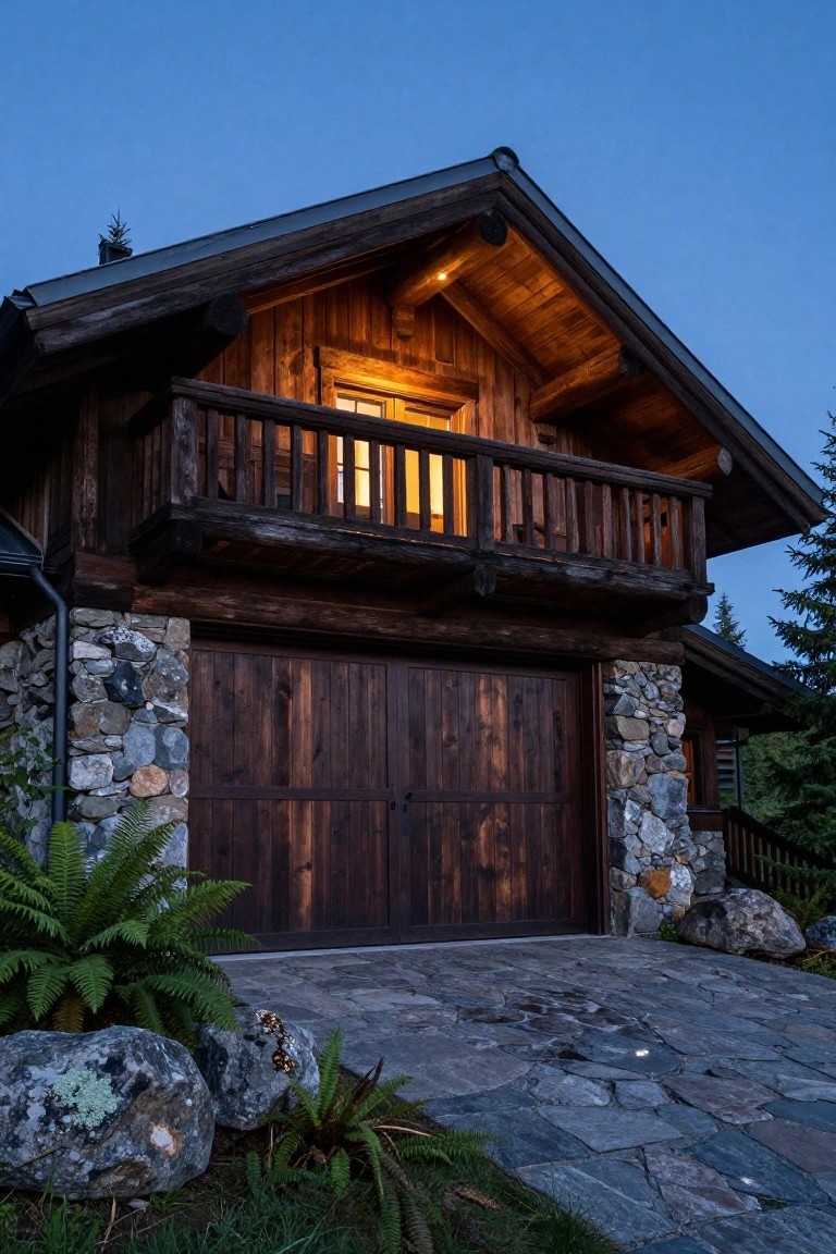 Wooden chalet-style house exterior at dusk with dark wood double garage door on stone base, balcony above, warm interior lights, and surrounding ferns, rocks, and pathway.