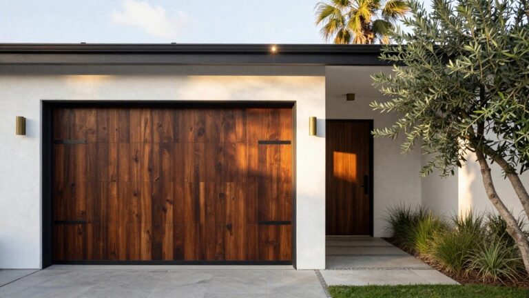 White stucco modern house exterior with large dark wood plank garage door, black-framed glass entry door, wall light, olive tree, potted grasses, and slate paver driveway.