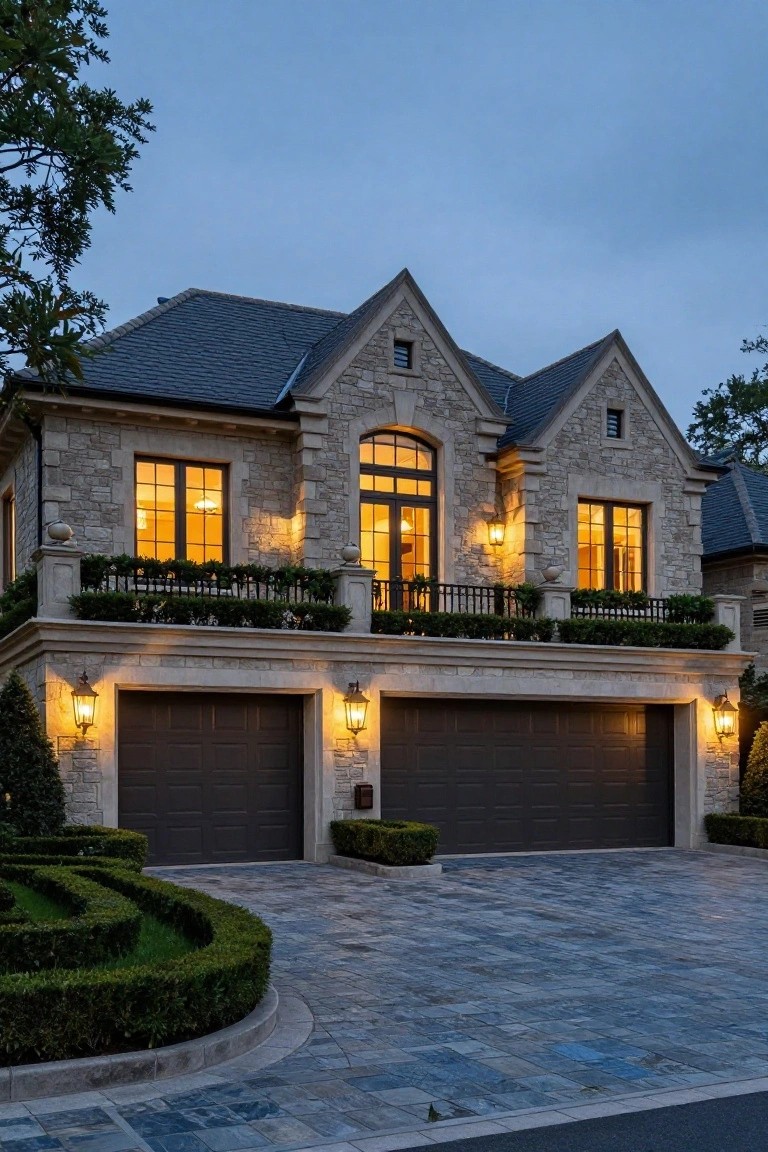 Stone house exterior featuring a balcony with balustrade over double garage doors, flanked by lantern lights on pillars, paver driveway, and curved boxwood hedges.