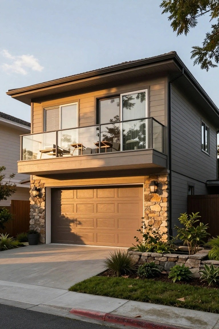 Two-story modern home with gray wood siding, beige garage door flanked by stone walls, second-story balcony with glass railing above the garage, driveway, and low landscaping.
