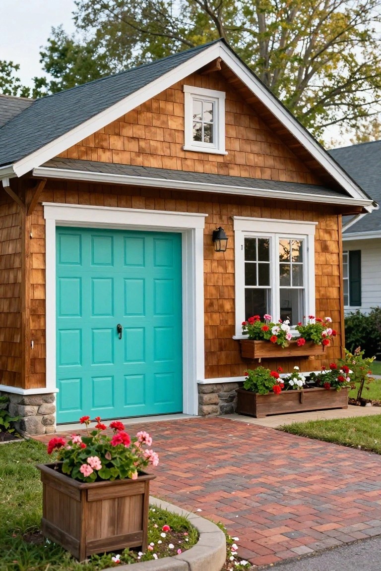 Small garage structure with cedar shake siding, turquoise paneled garage door, white window trim, red geraniums in window boxes and pots, stone base, and brick pathway.