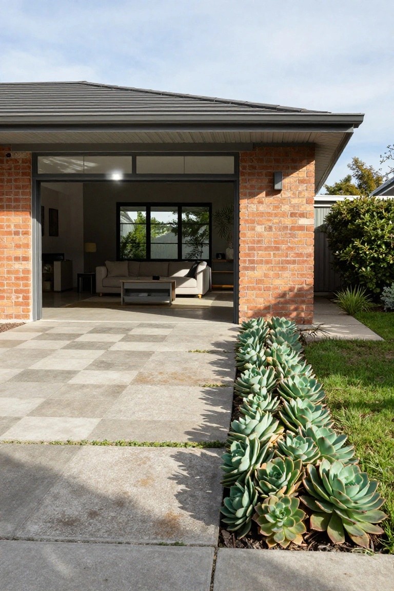 House exterior with open glass garage door revealing living room interior, flanked by brick walls, checkered paver walkway, and agave plants edging the path.