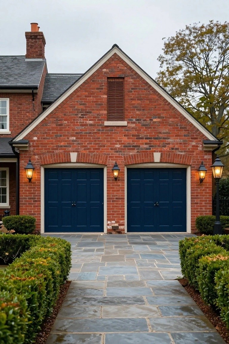Red brick house with gabled roof and two navy blue garage doors flanked by lanterns on brick pillars, approached by a slate pathway edged with boxwood hedges.