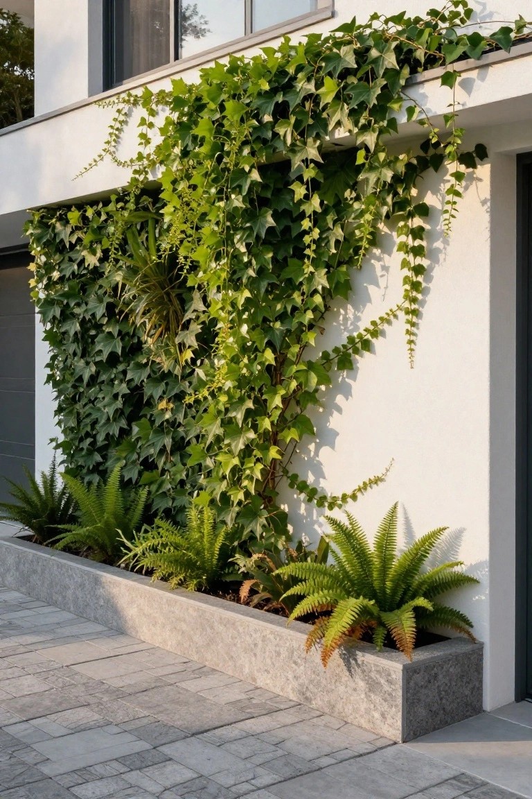 White modern garage facade with dense climbing ivy covering adjacent walls, ferns planted in a raised stone box at the base, and a light gray stone paved pathway alongside.