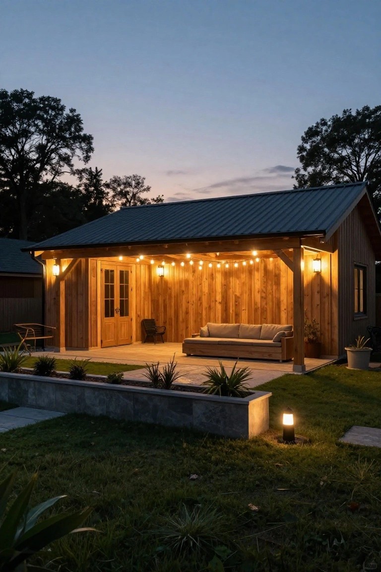 Wooden garage building with dark metal roof and attached open porch holding a gray sofa, string lights, potted plants, stone pathway, and landscaped yard at dusk.