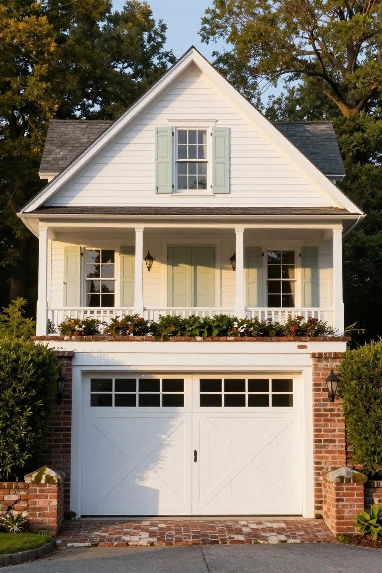 White two-story house with gabled roof, shutters, porch, and flower boxes sits above a garage with white doors, brick accents, and surrounding hedges on a driveway.