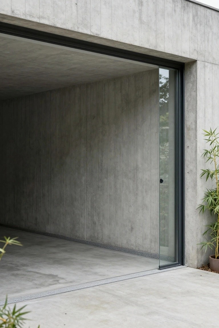 Modern garage exterior with exposed gray concrete walls, a tall wide glass sliding door ajar, and potted bamboo plants to one side.