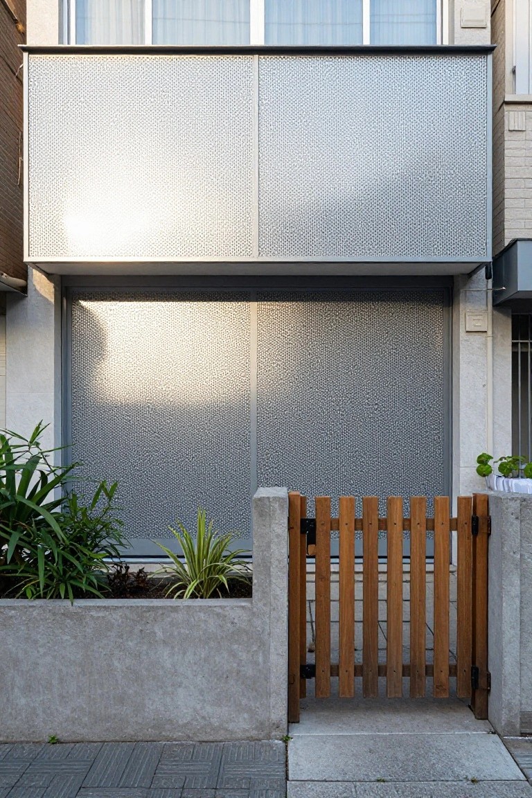 Modern house exterior with large gray perforated metal garage shutter, metal balcony railing above, concrete walls, wooden side gate, and potted plants beside a concrete planter.