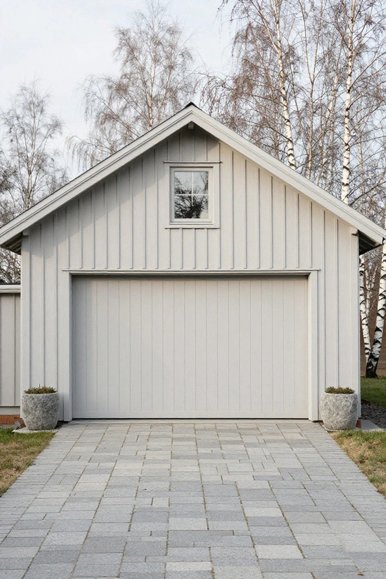 Light gray vertical board-and-batten detached garage with gabled roof, large closed garage door, small window above, birch trees flanking the sides, two large potted plants beside gray paved driveway.