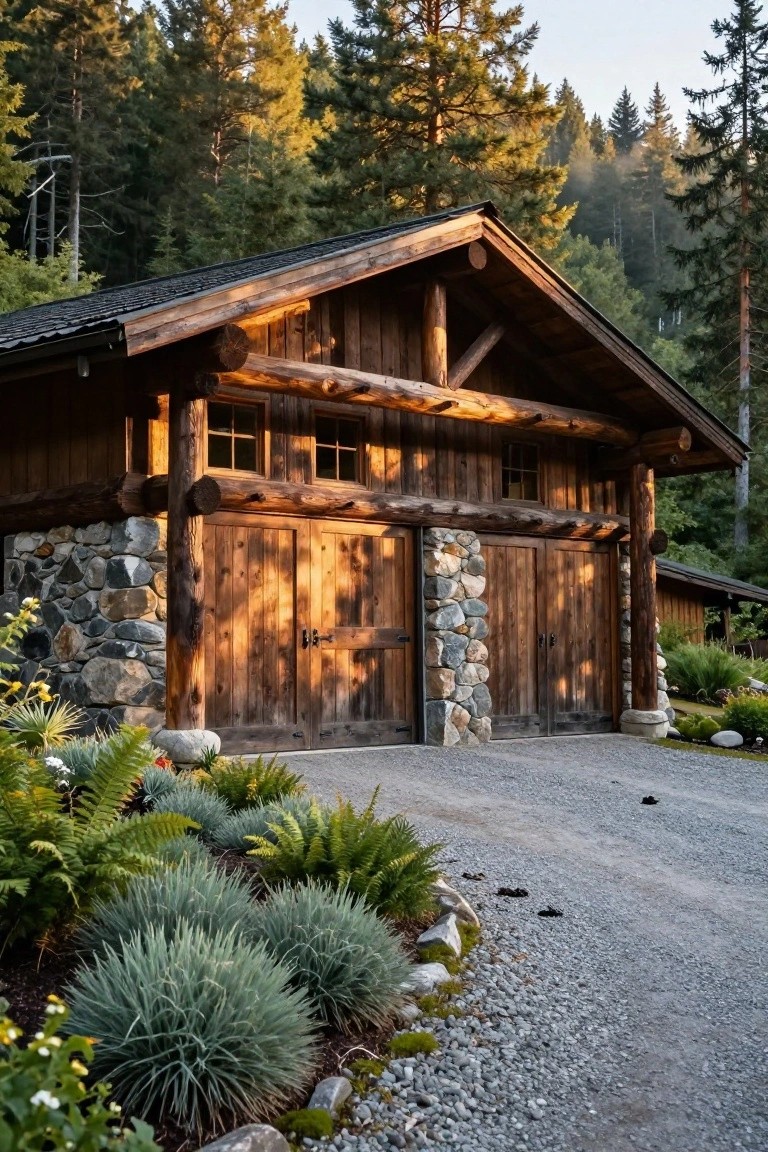Log cabin-style garage with fieldstone foundation, large wooden double doors, timber beams, gravel driveway, and native ferns in a forested setting.