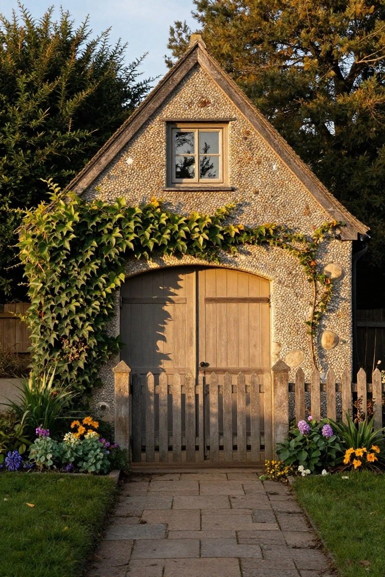 Small freestanding stone garage with steeply pitched thatched gable roof, wooden double doors, climbing ivy on walls and archway, picket fence gate, flower beds, and stone pathway in a garden.
