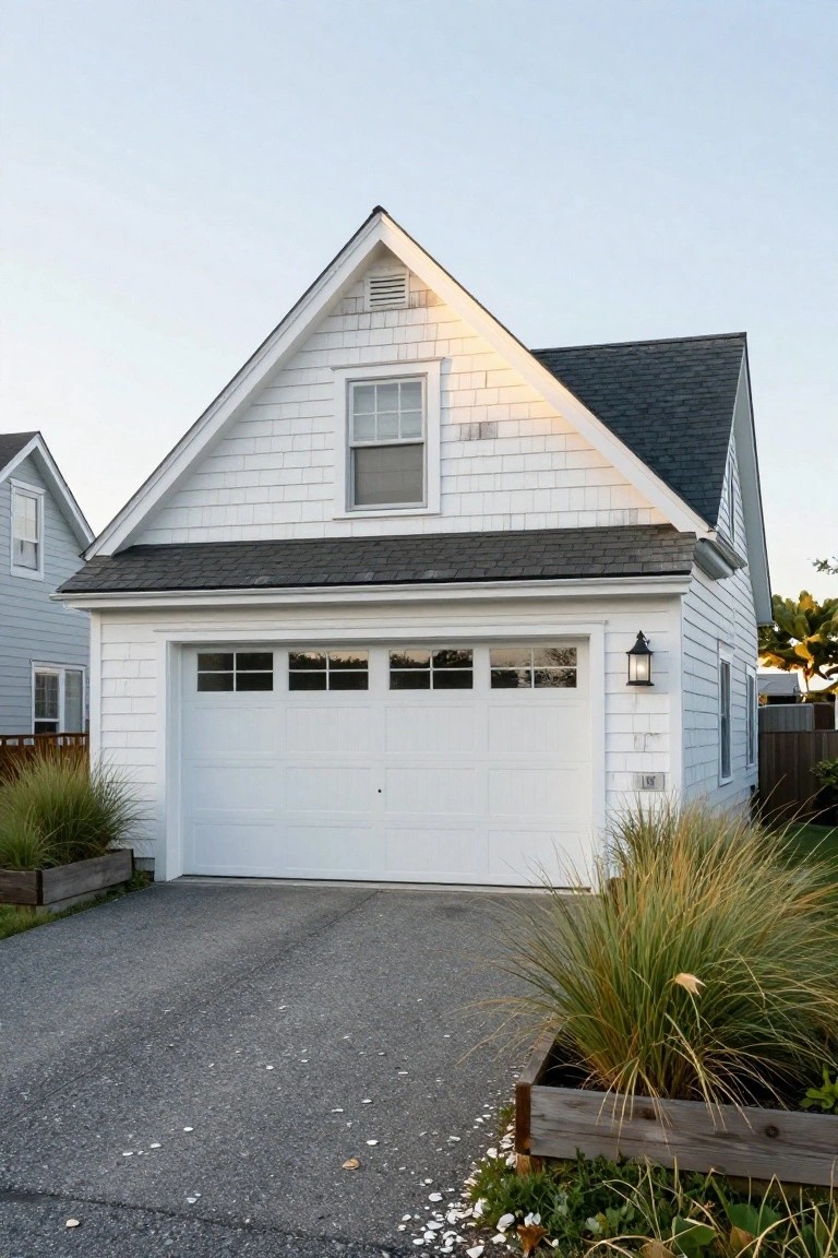 White gabled garage building with dark shingled roof, large white garage door with horizontal windows, tall ornamental grasses in wooden raised beds flanking a concrete driveway, and adjacent gray house.