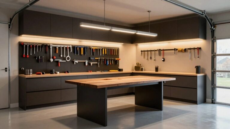 Garage workshop featuring under-cabinet LED strips lighting a wooden workbench and organized tools on pegboard