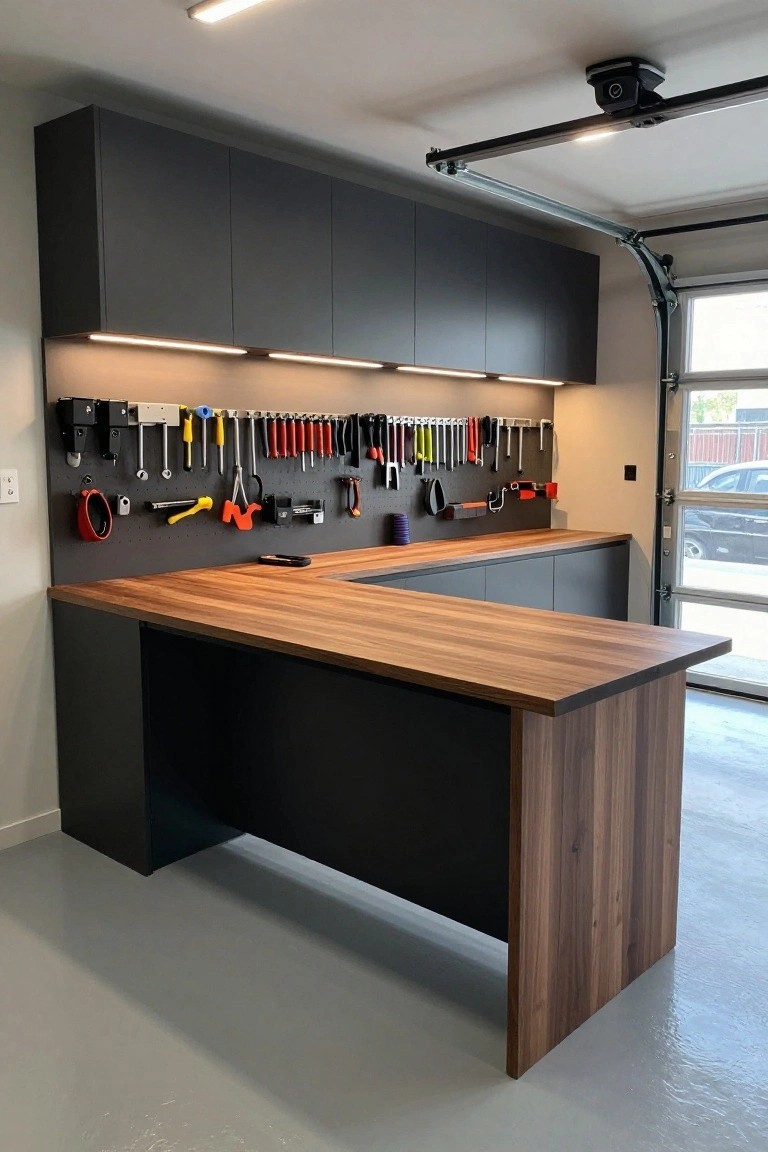 Garage workshop featuring under-cabinet LED strips lighting a wooden workbench and organized tools on pegboard