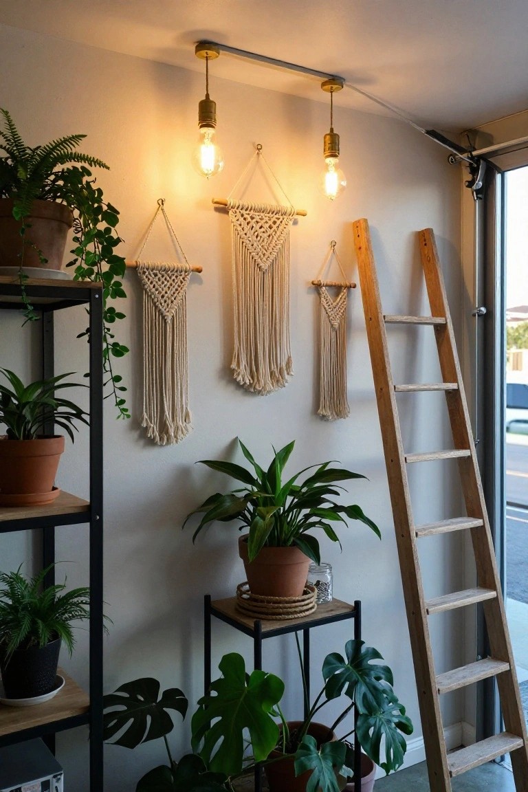 Garage corner lit by suspended exposed bulb pendants over plants, shelves, macrame, and a ladder
