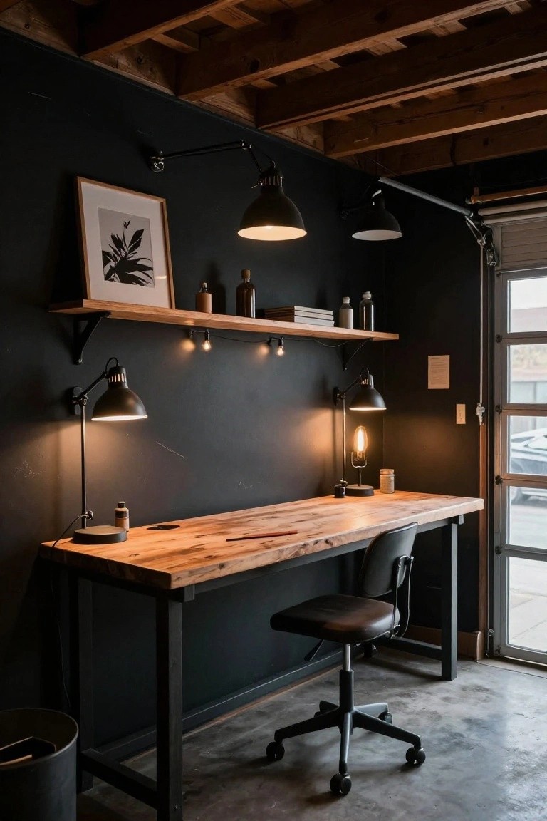 Dark-walled garage workspace with layered pendant lights, desk lamps, wooden desk, and open garage door
