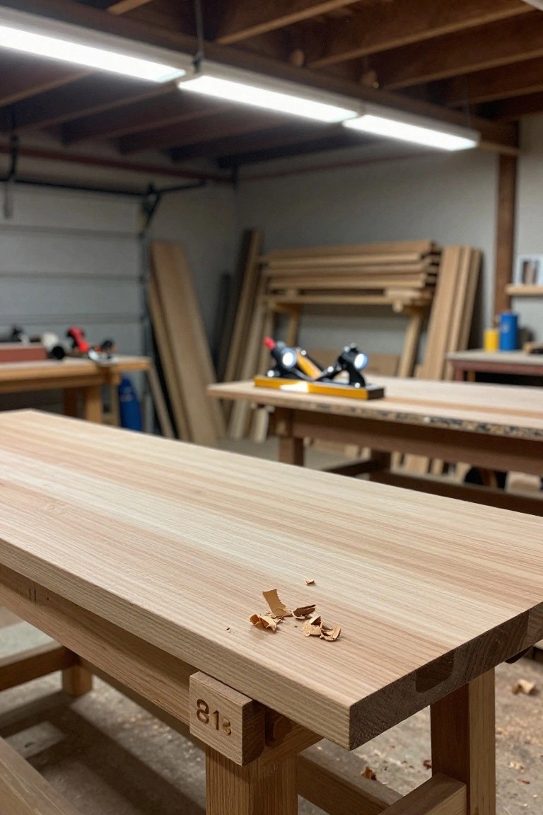 Garage workshop with wooden benches and lumber stacks under bright overhead fluorescent lights
