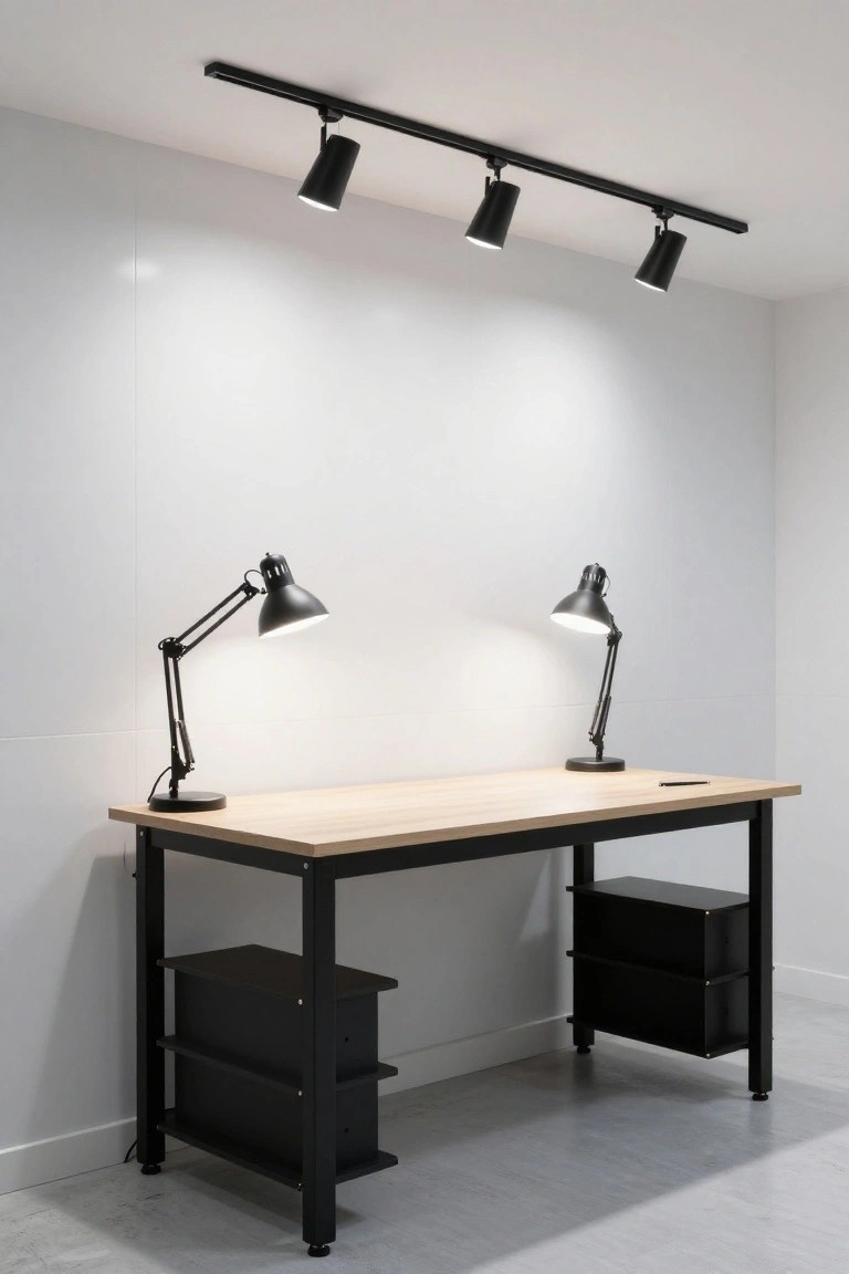Ceiling track lighting with three black spotlights over a light wood desk in a garage workspace, plus two adjustable desk lamps and black storage drawers