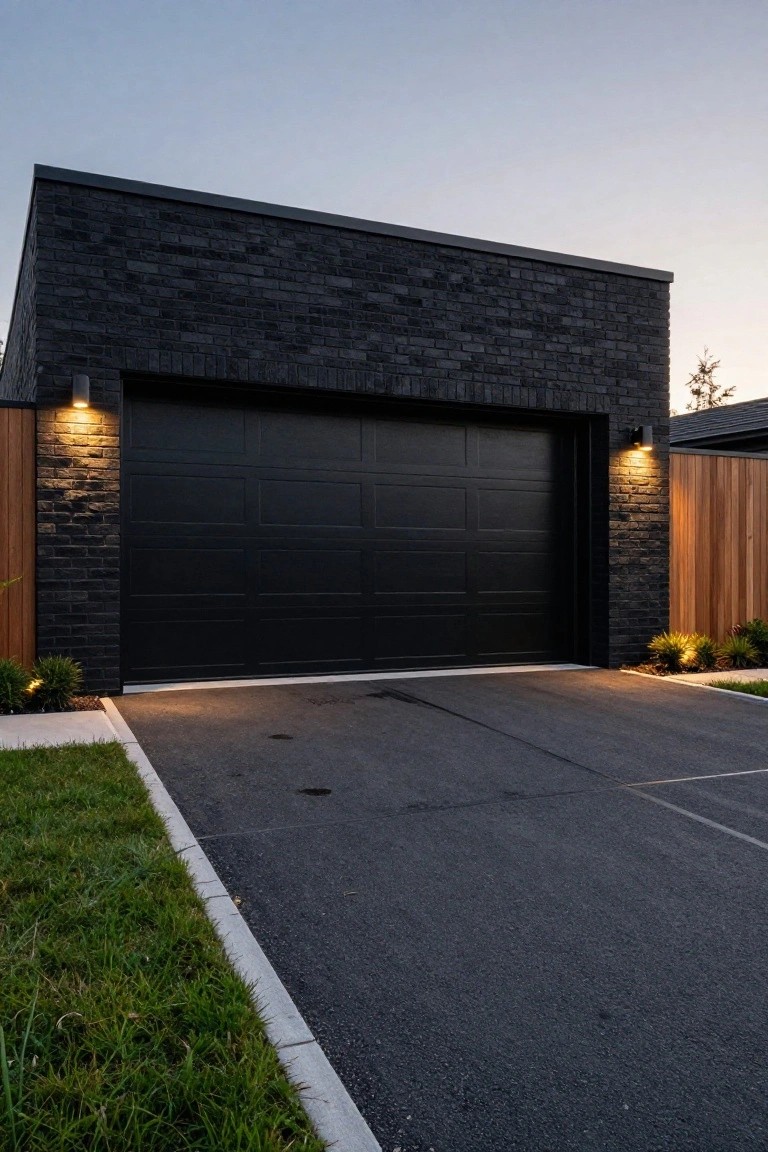 Modern garage with black brick walls, black sectional garage door, wall-mounted lights, wooden side fence, landscaped edges, and concrete driveway at dusk.