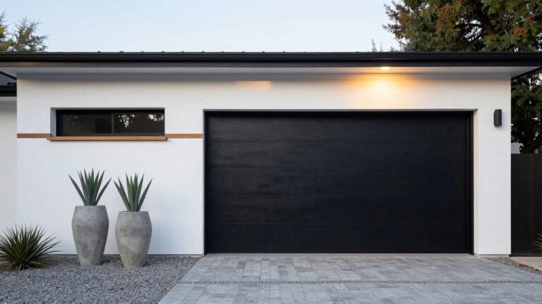 White modern house exterior featuring a large black sectional garage door, flanked by two white pots of agave plants on a paved driveway with a wall-mounted light fixture.