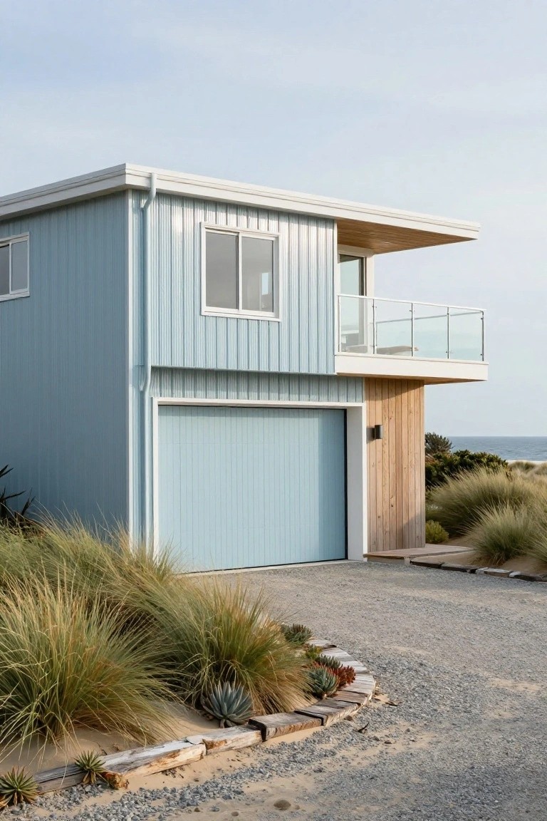 Light blue paneled house exterior with matching blue garage door, wooden balcony with glass railing, dune grass and succulent landscaping beside a gravel driveway near the ocean.