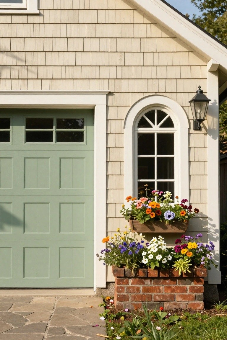 Cream shingle siding on a house with a tall mint green paneled garage door, arched window, black lantern light, colorful flower boxes on brick ledge, and stone paver path.