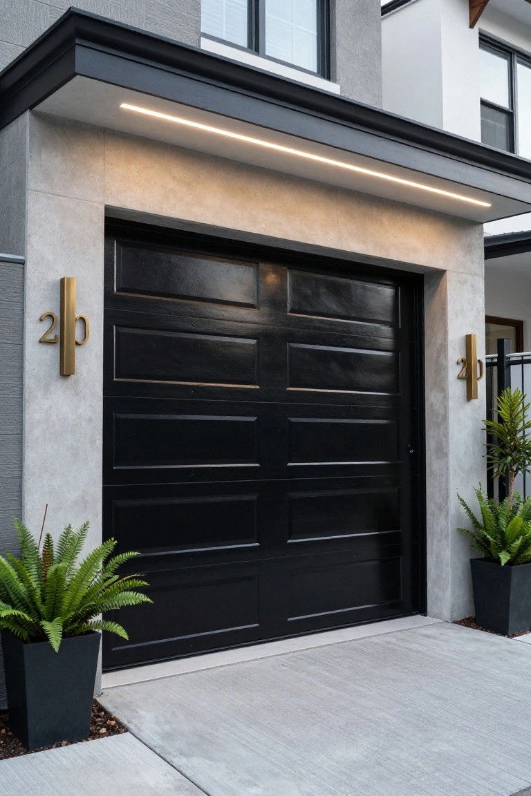 Modern garage door in black with horizontal panels, framed by tall concrete pillars with gold house numbers 2B, slim LED strip lighting under the dark overhang, wall-mounted lights, and black pots of ferns on either side.