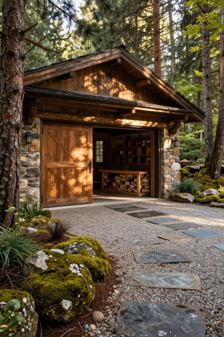Wooden garage with gabled roof and stone lower walls amid tall pine trees, large open double doors revealing firewood storage, and a gravel path with stone steps leading up to it.
