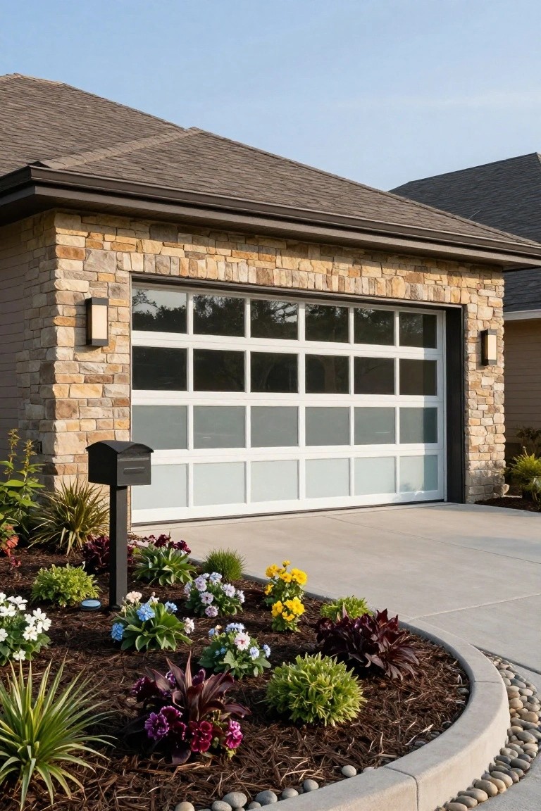 Stone house with white garage door, garden, and mailbox.