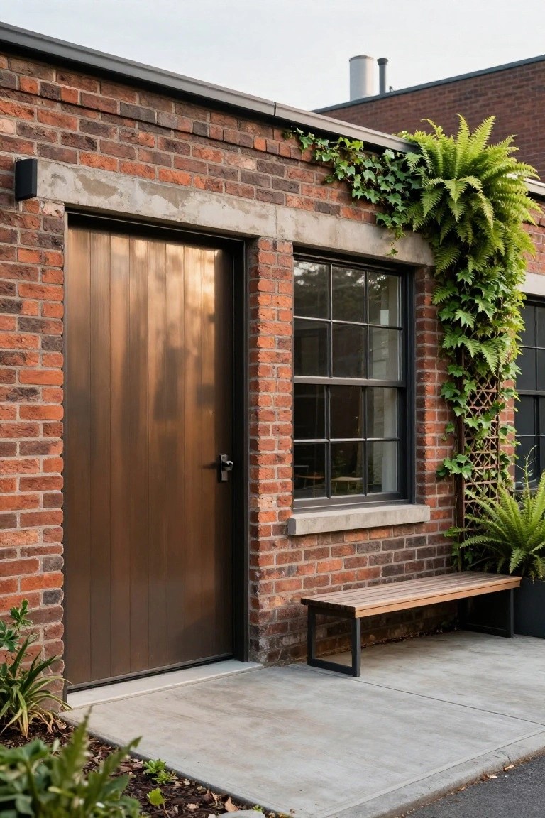Brick wall exterior with a tall brown vertical slat wooden garage door, ivy climbing beside a multi-pane window, a wooden bench on concrete pavement, and potted ferns nearby.