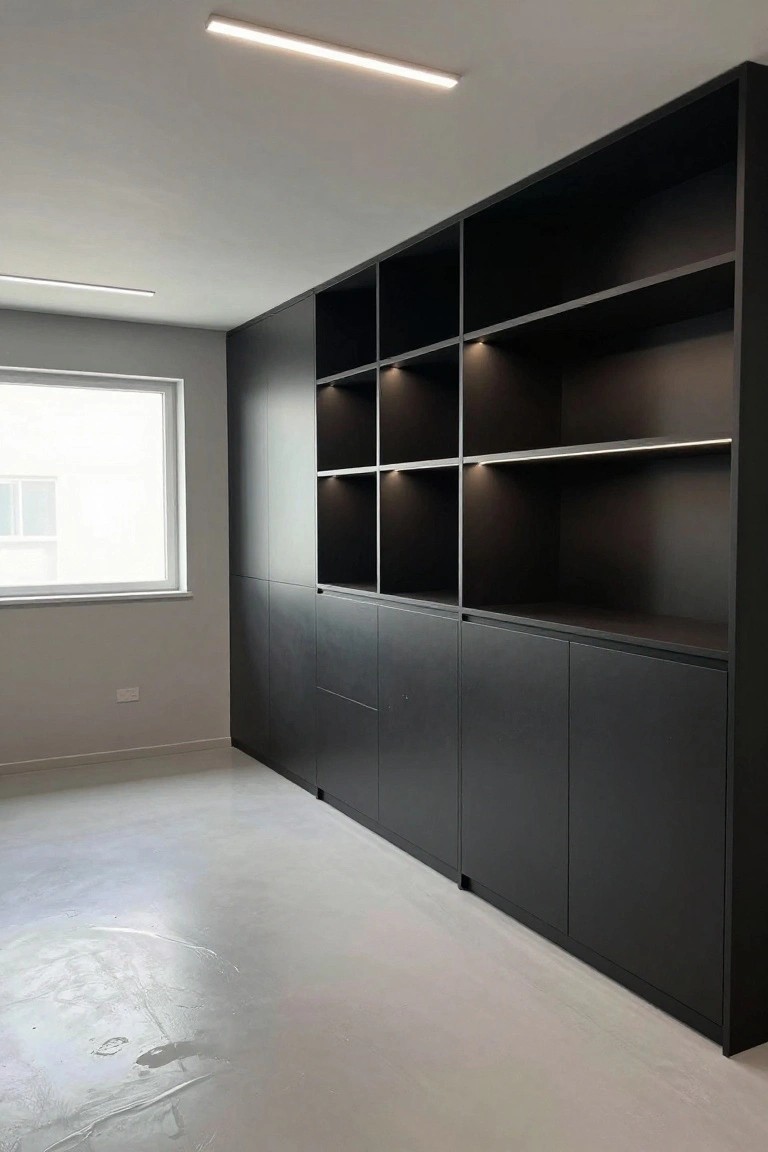 Black built-in shelving and cabinets with integrated LED strip lights along a garage wall