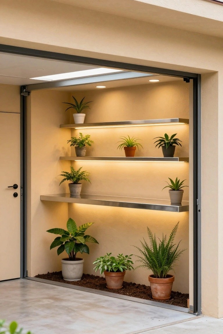 Garage wall niche with metal shelves holding potted plants, lit by warm LED strips underneath