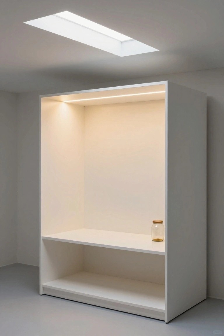Tall white built-in wardrobe with LED strip lighting along the top interior shelf in a garage