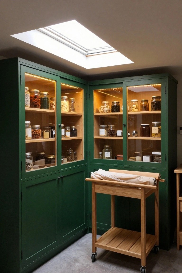 Green corner cabinets with internal LED lighting highlighting shelves of jars in a small garage storage area