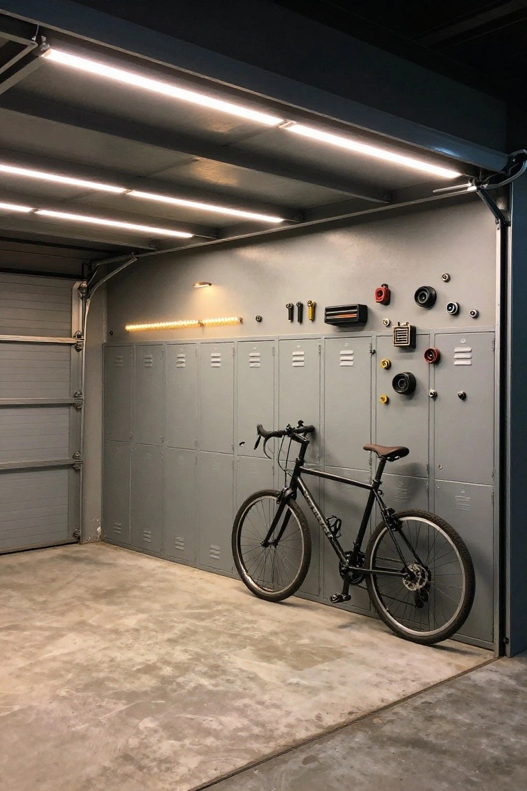 Gray lockers line a garage wall with a black bicycle leaning against them.
