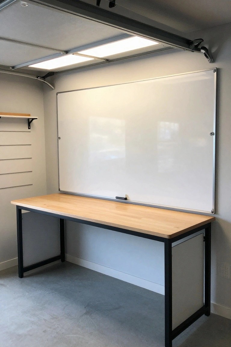 Small garage with overhead fluorescent strip lights illuminating a wooden workbench and wall whiteboard