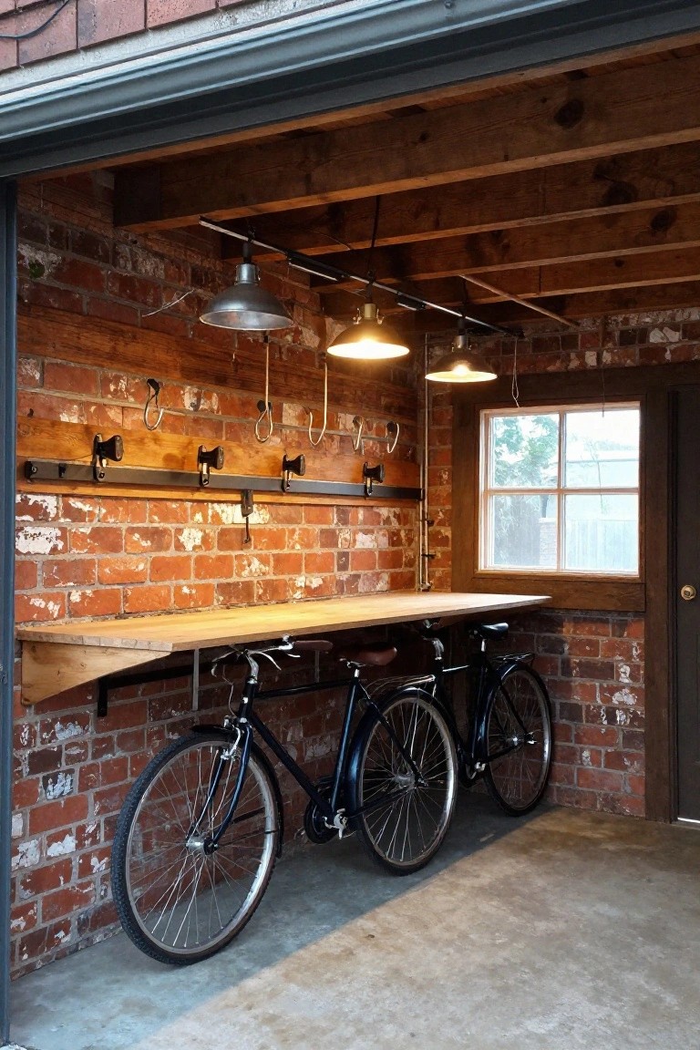 Small garage workbench under track-mounted pendant lights with bicycles stored below