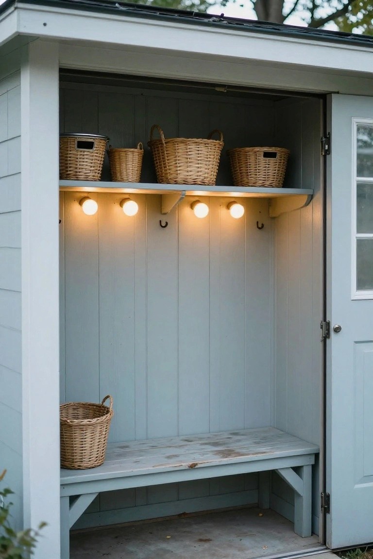 Small pale blue shed with open shelves holding wicker baskets, lit by round puck lights mounted underneath